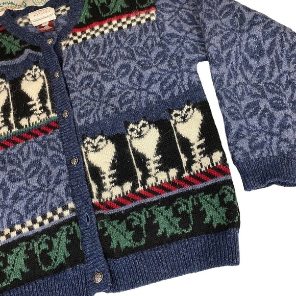 Vintage 90s Susan Bristol Pure Wool Cat Cardigan Sweater Medium - Picture 7 of 13